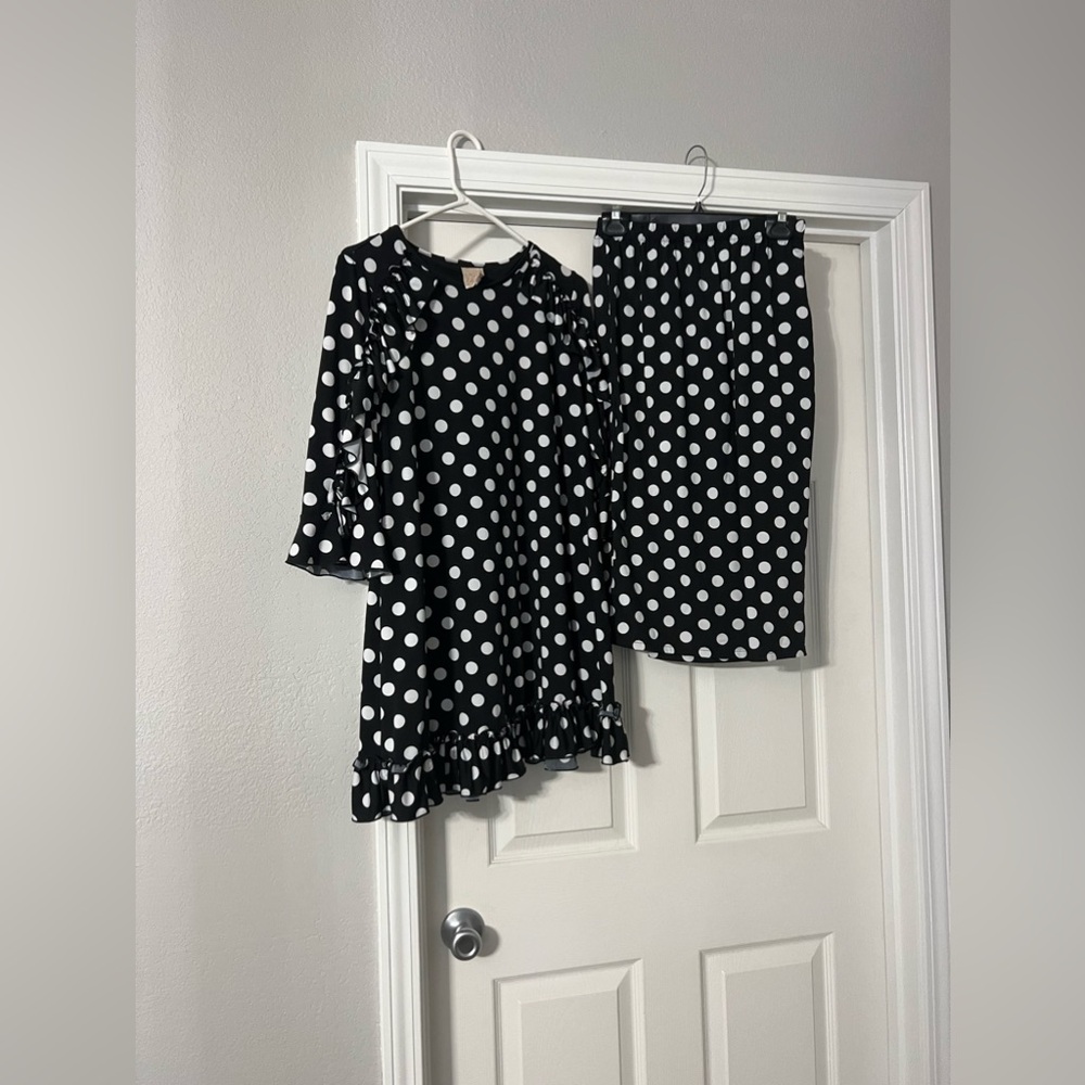 Elegant Black and White Polka Dot Dress and Skirt Set